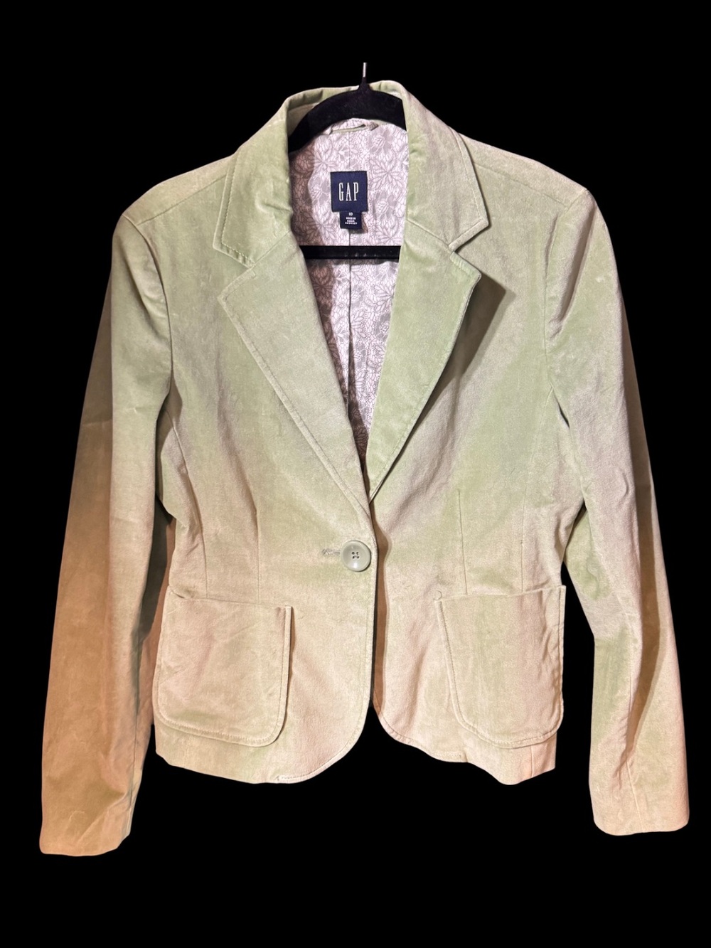 Gap Women’s Size 10 Sage Green Velvet Blazer Floral Lining One Button